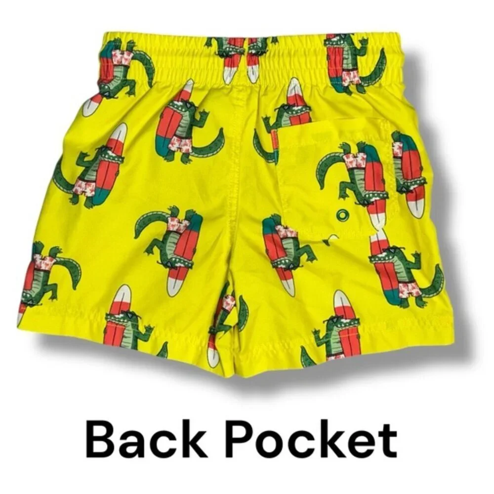 Surfing Alligator Print Swim Shorts Drawstring Lined Quick Dry Kids 6/7
